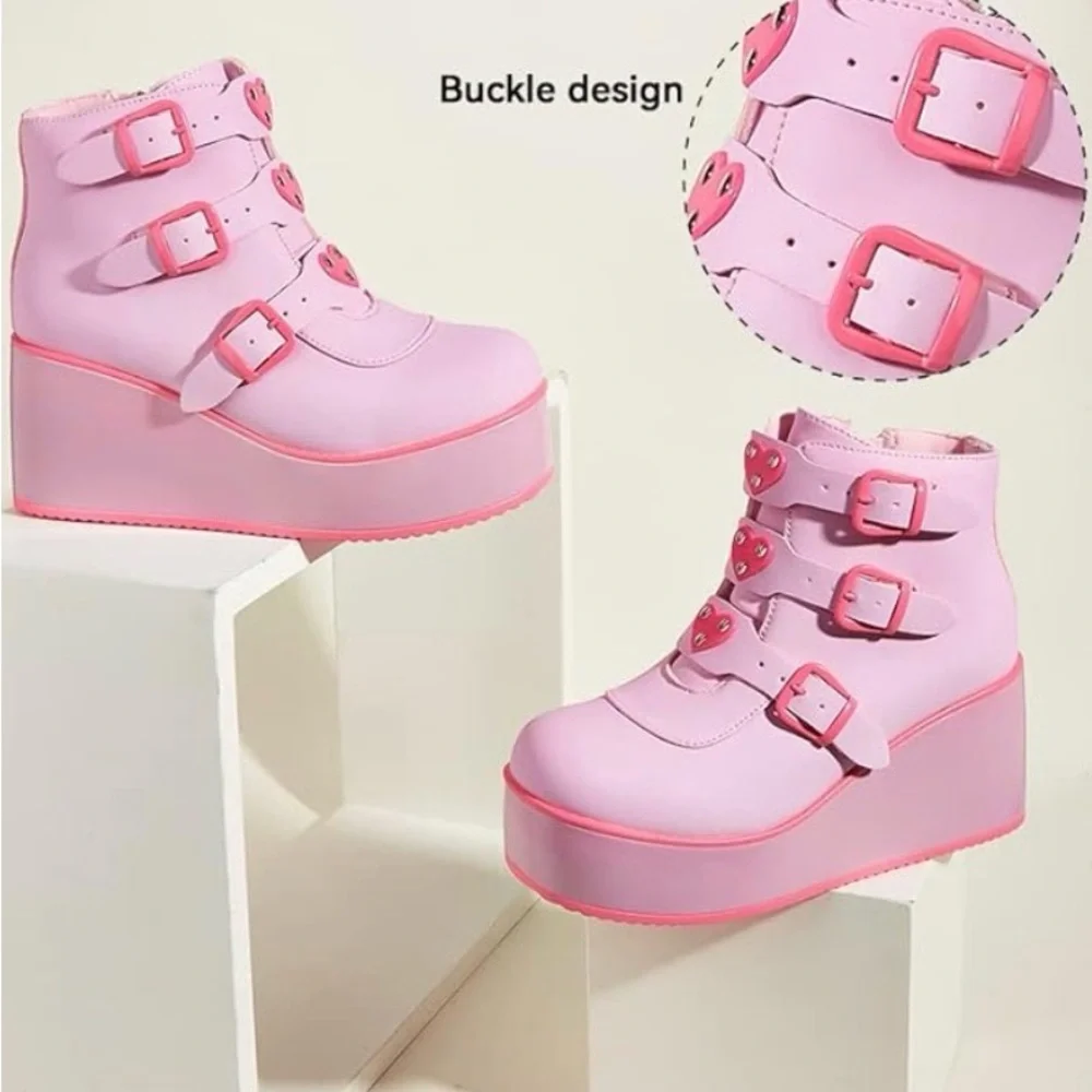 Pink Platform Wedge Ankle Boots with Heart Buckles